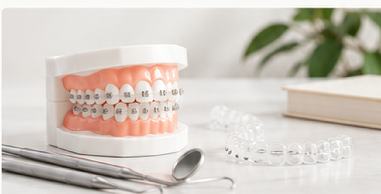 Illustrative orthodontic dental model with braces