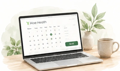 Watercolor illustration of booking an appointment on a laptop