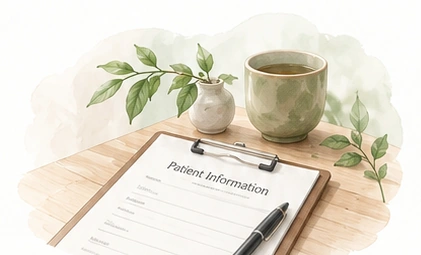 Watercolor illustration of a patient health summary form and pen