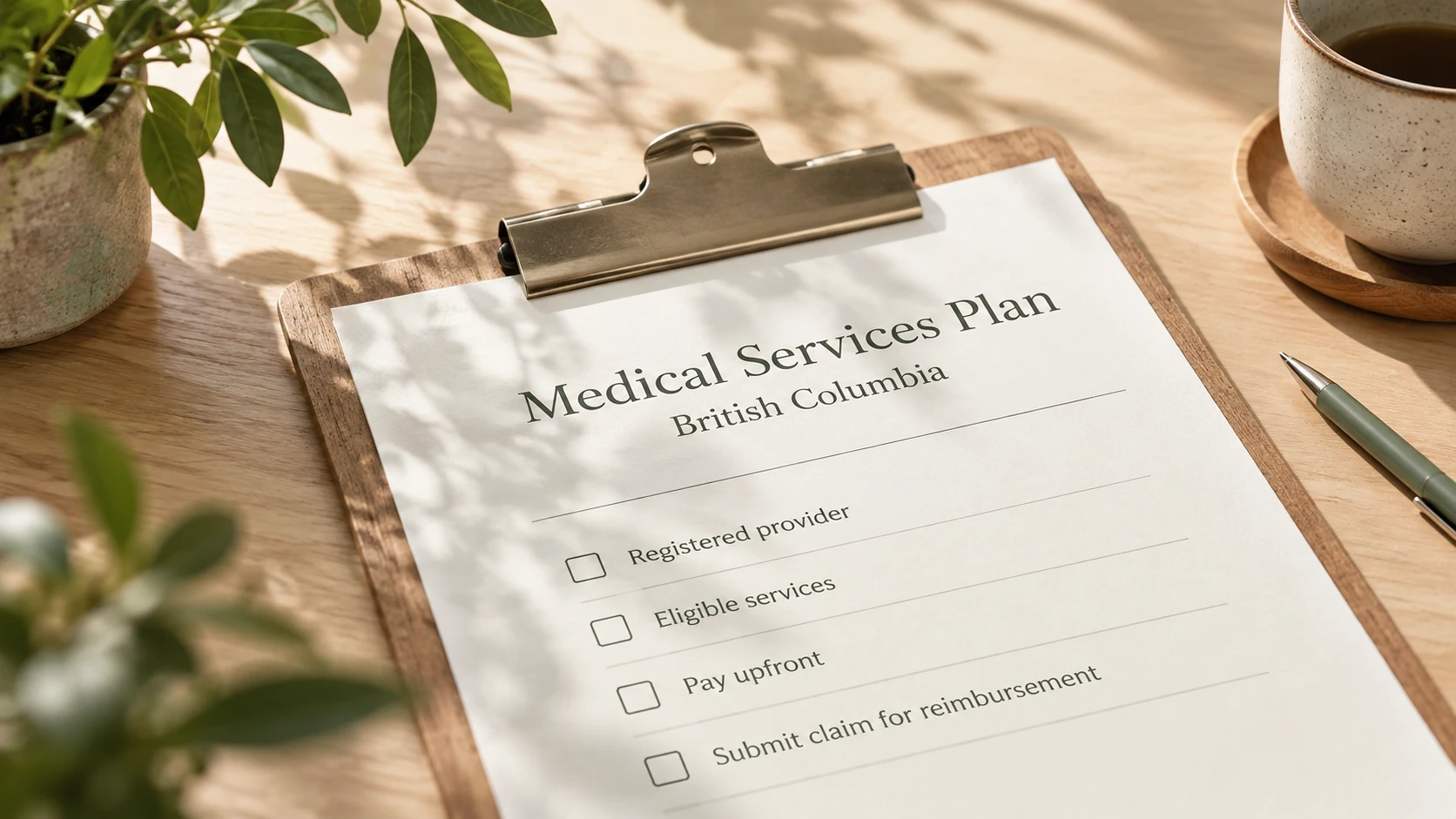 Illustrative MSP clipboard with supplied Health Insurance BC branding for offline design review; not an official document.